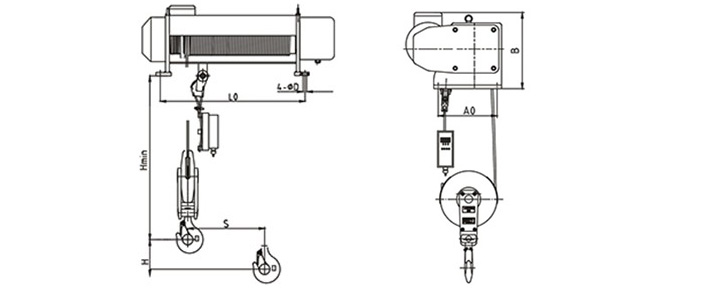 SHA型固定式鋼絲繩電動葫蘆結構尺寸圖