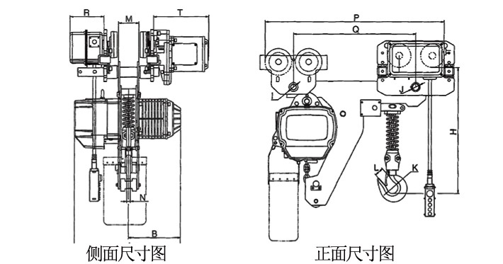 0.5噸超低環(huán)鏈電動(dòng)葫蘆結(jié)構(gòu)尺寸圖