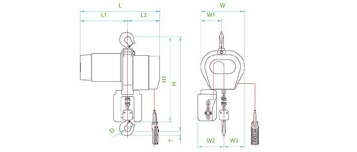 DE型進口環鏈電動葫蘆結構尺寸圖片